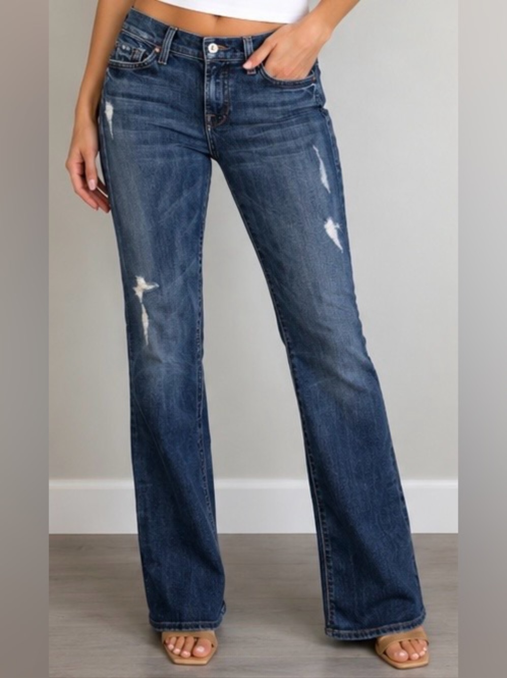 7 For All Mankind Women's Boot Cut Jeans - Dark Blue with Faded Distress